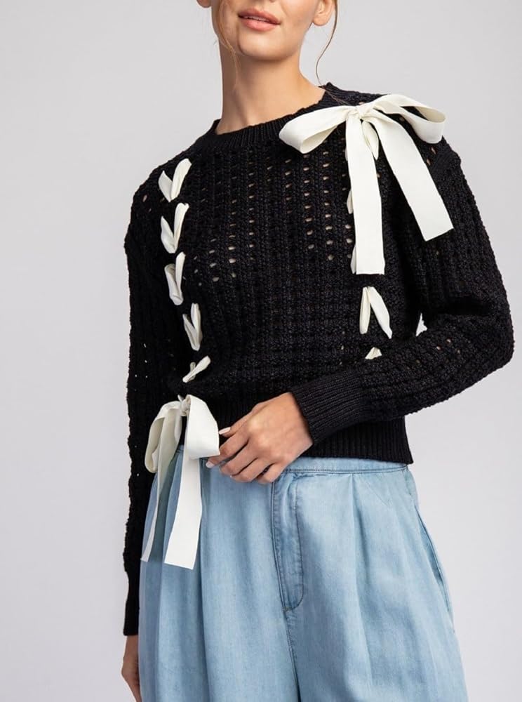 Amazon.com: Women Ribbon Lace Up Sweater Crew Neck Long